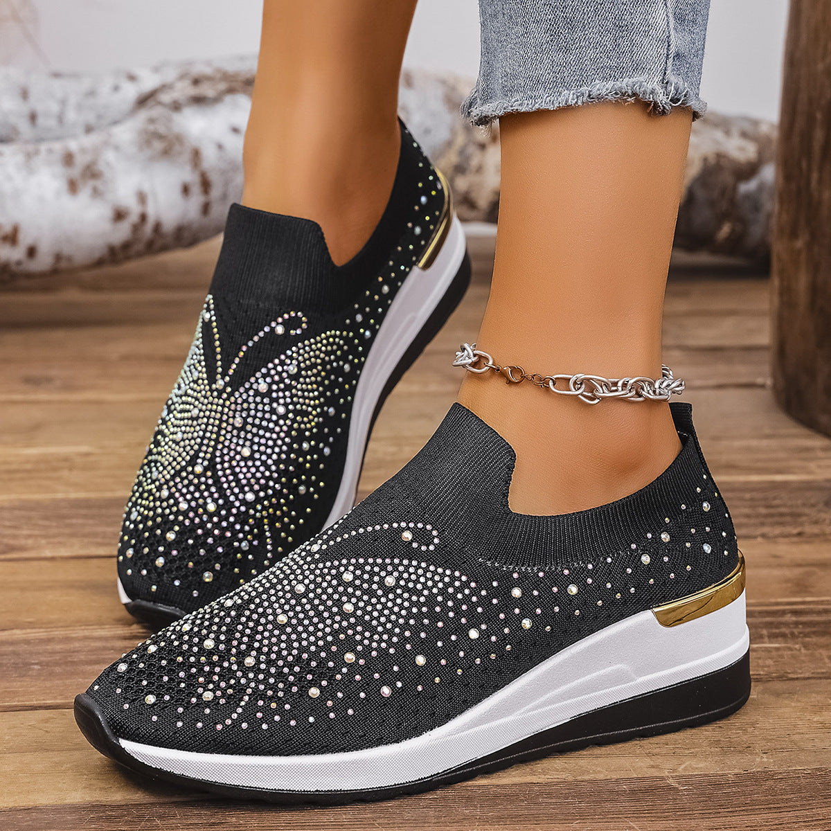Pumps Women's Summer Wedge Round Toe Rhinestone Slip-on Women's Pumps Pumps GlamzKart