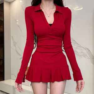 V-neck Fitted Waist Bottoming Shirt Top Women's High Waist Skirt Outfit