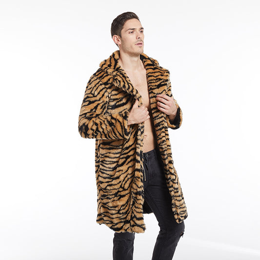 Men's Faux Fur Coat Tiger Pattern Long-cut GlamzKart