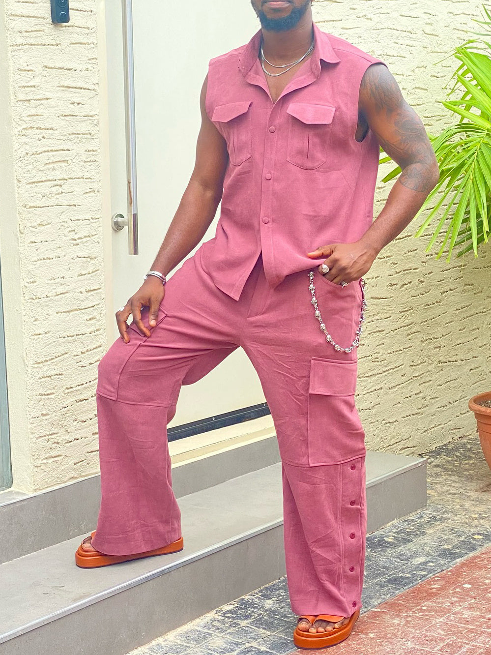 Sleeveless Button - Up Shirt And Cargo Pants Set Pink GlamzKart