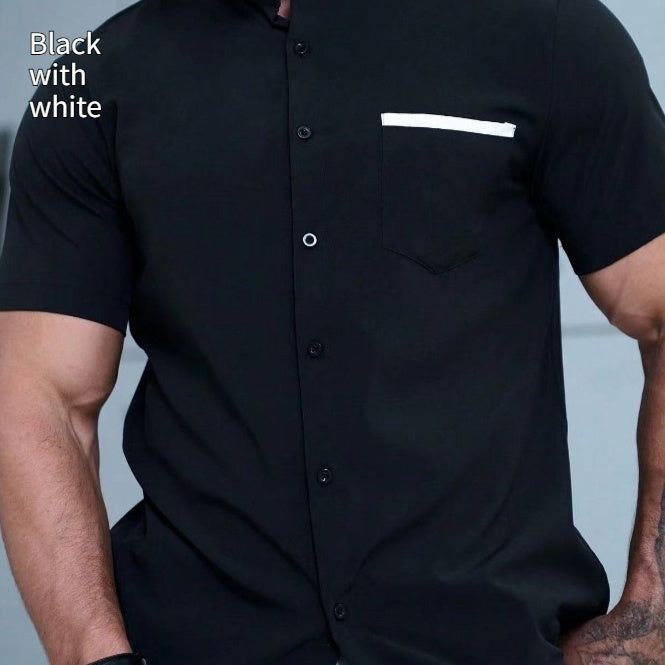 Summer New Men's Color Matching Fashion Short Sleeve Shirt Black And White Patchwork GlamzKart