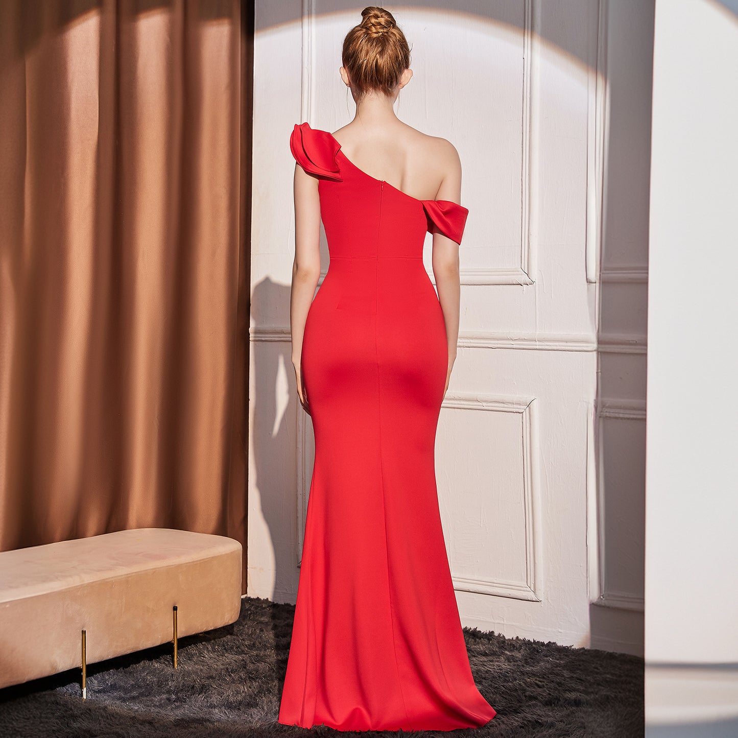 High-end Slant Shoulder Slimming Long Dress GlamzKart