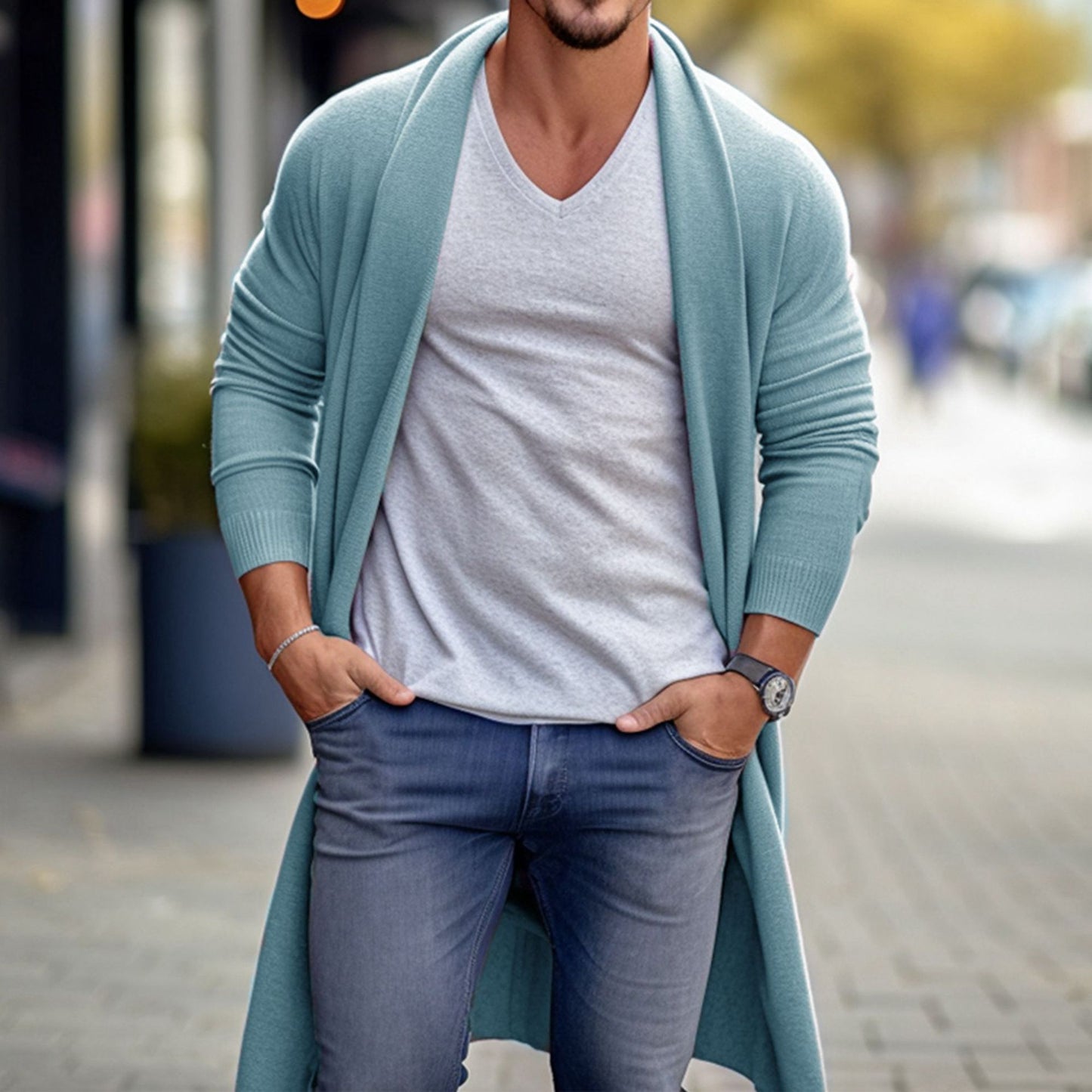 Fashion Personality Men's Loose Long Woolen Coat Sky Blue GlamzKart