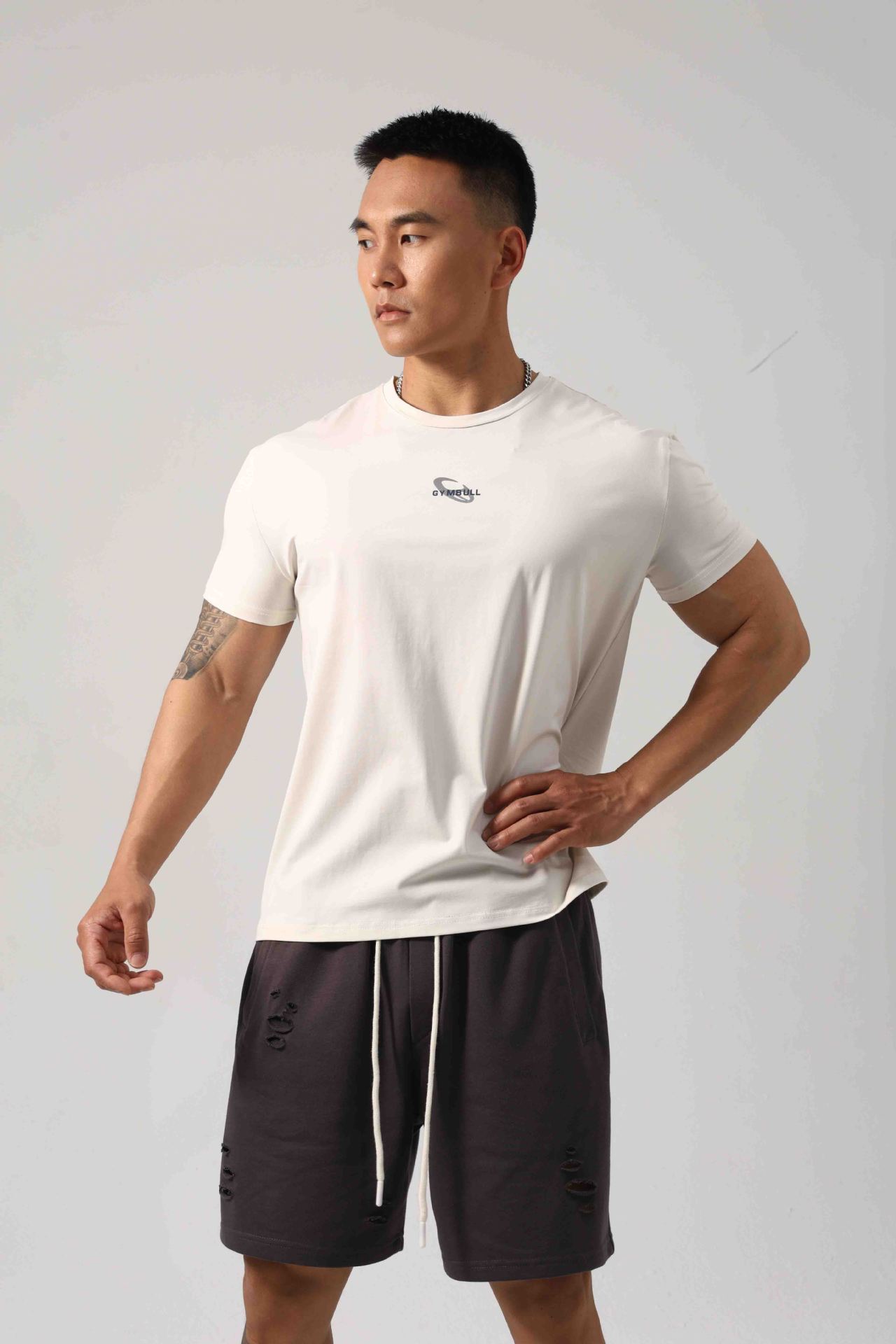 Men's Short Sleeve New Small Neckline Show Muscle Sports Fitness Short Sleeve Printed G81 Beige GlamzKart