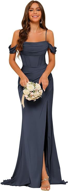 Off-the-shoulder Satin Bridesmaid Corset Ball Gown Navy Blue GlamzKart