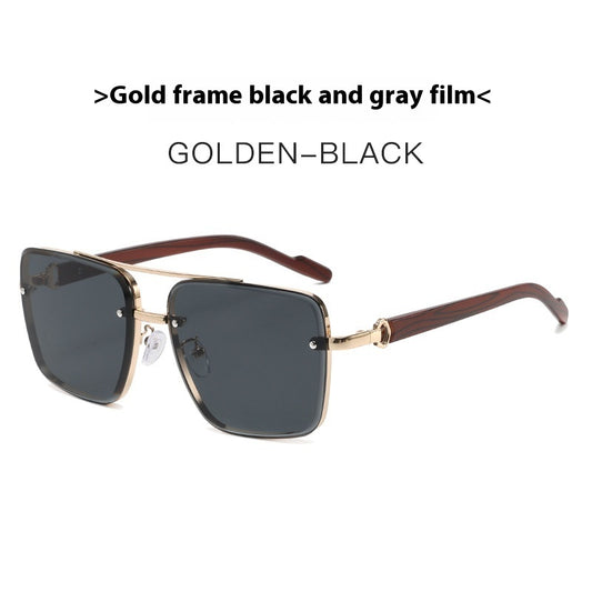 Metal Double Beam Frame Wood Grain Leg Sunglasses Gold Frame Black And Grey Lens GlamzKart