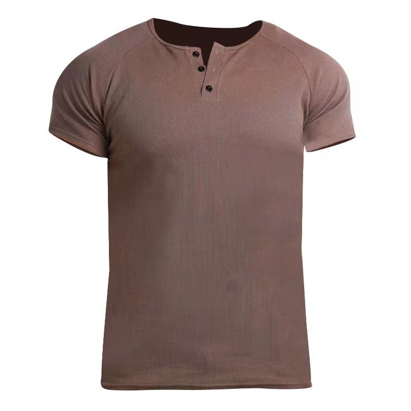 Solid Color Men's Retro Summer Short Sleeve Fitness Dark Brown GlamzKart