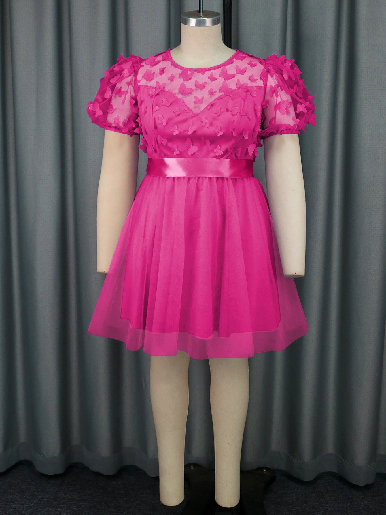 Three-dimensional Butterfly Gauzy Gown Short Sleeve Cute Lady Dress Rose Red GlamzKart