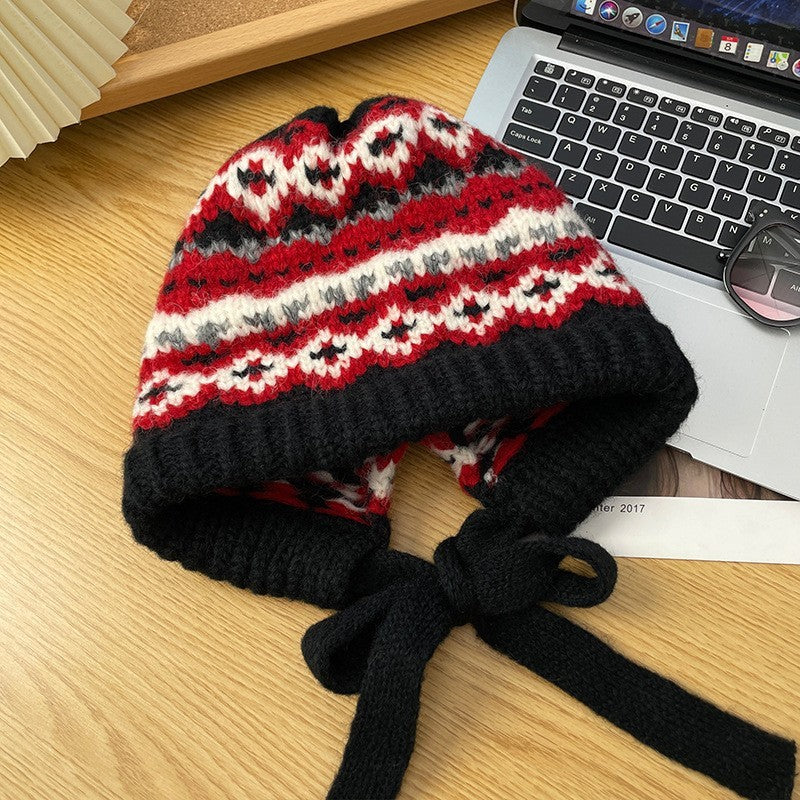 Winter Vintage Hat Bag Cap Warm Ear Protection Wool Hat Black Flowers Edition GlamzKart