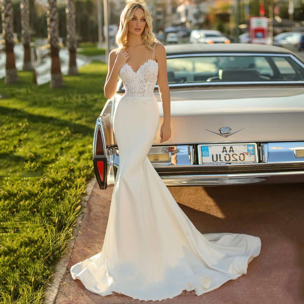 White Simple Trip Shoot Fishtail Bridal Tube Top Wedding Dress GlamzKart