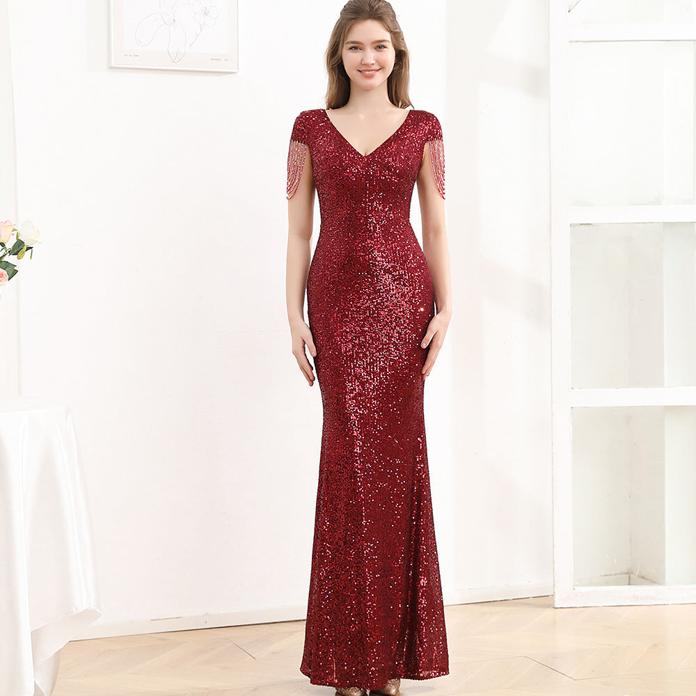 Sequined Slim Fit Slimming Long Dress Women Wine Red GlamzKart