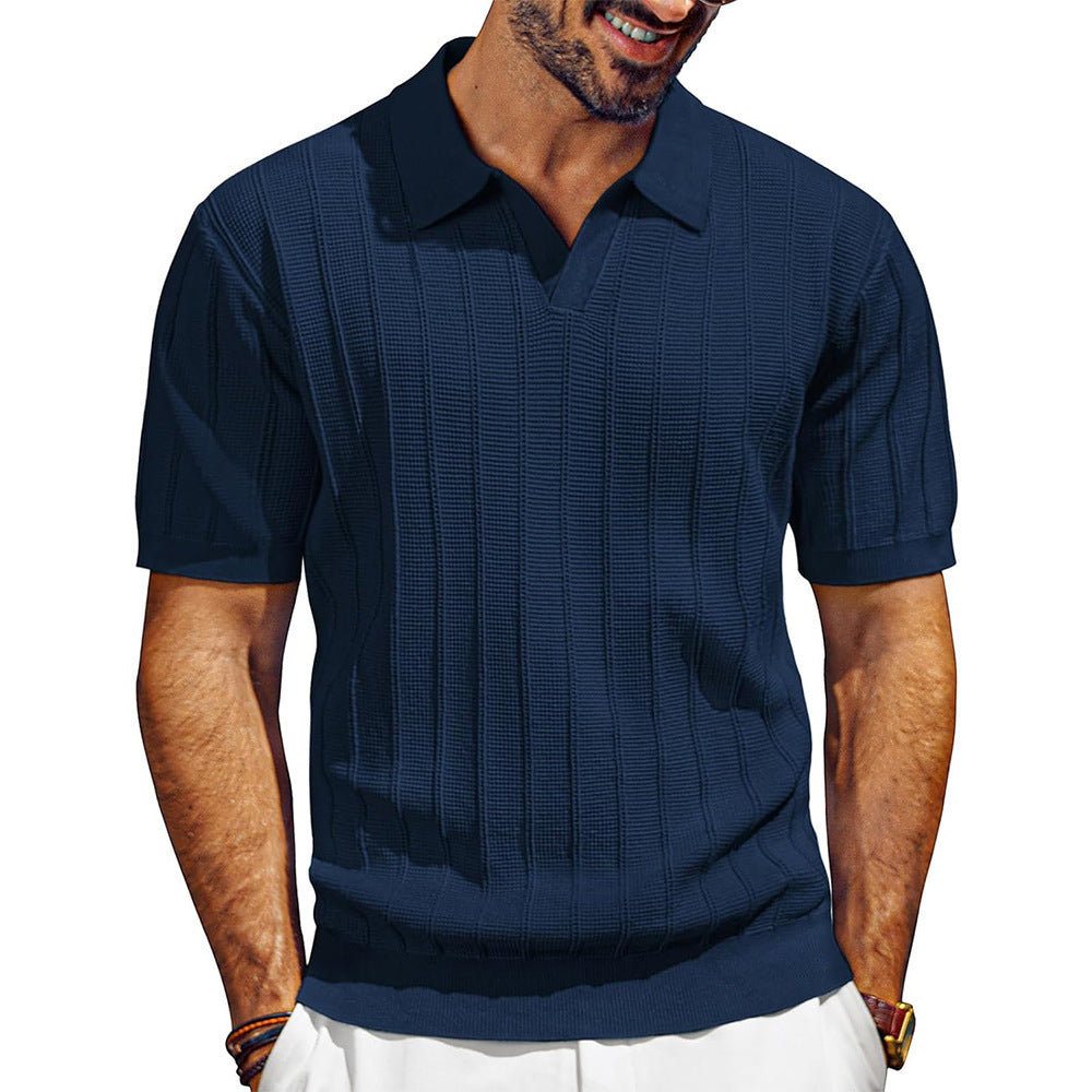 Men's Breathable V-neck Hollow Lapel Knitwear Dark Blue GlamzKart