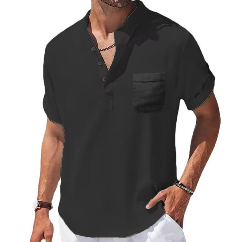 Cotton Linen Linen Men's Short-sleeved T-shirt Black GlamzKart