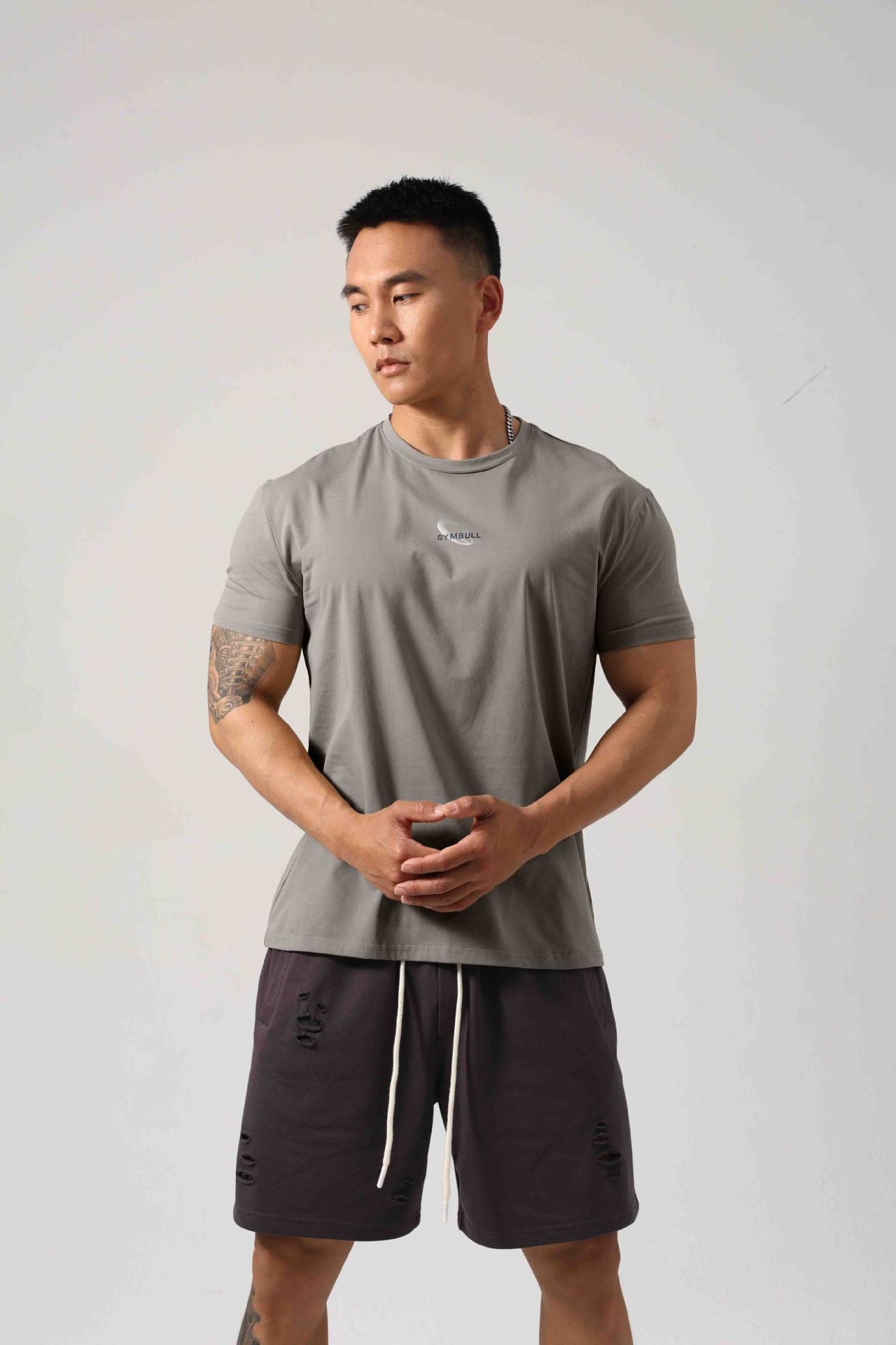 Men's Short Sleeve New Small Neckline Show Muscle Sports Fitness Short Sleeve Printed G81 Rock Gray GlamzKart