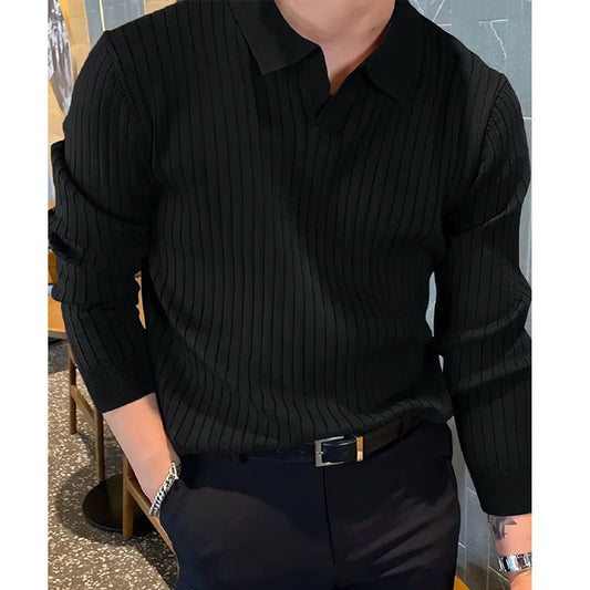 New Men's Lapel Knitted Long-sleeved T-shirt GlamzKart