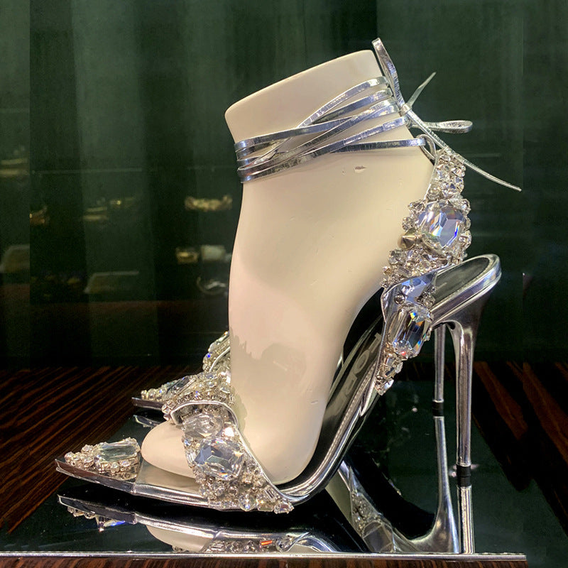 European And American Super High Heel Pointed Toe Rhinestone Fashion Banquet Catwalk Silver GlamzKart