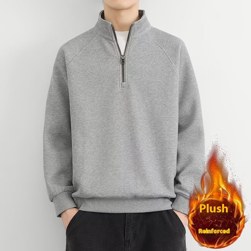 Half Zipped Stand Collar Men's Vintage Fleece-lined Thickened Casual Sweatshirt Gray Velvet GlamzKart