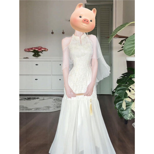 New Chinese Gentle Temperament Jacquard Sleeveless Halter Dress GlamzKart