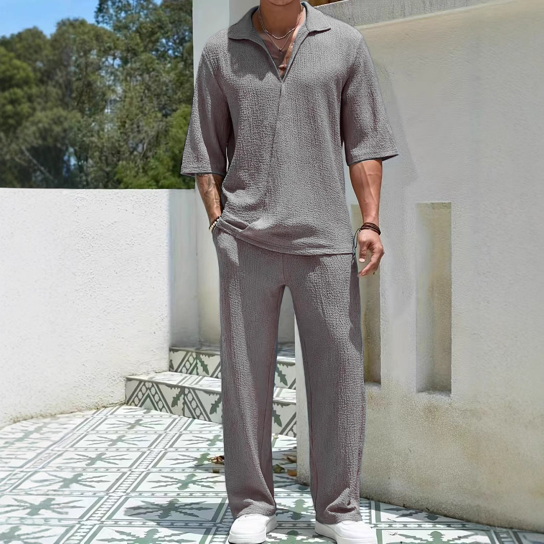 Commuter Men's Casual Shirt Solid Color Half Sleeve Trousers Two-piece Suit Gray GlamzKart