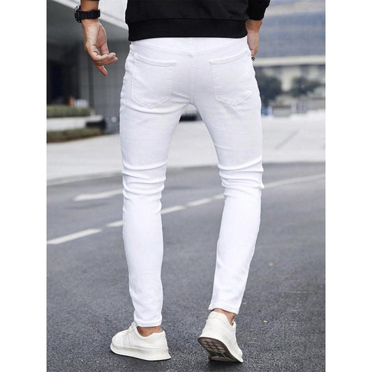 Men's Solid Color Cuffed Straight Jeans Casual And Comfortable Slim Fit GlamzKart