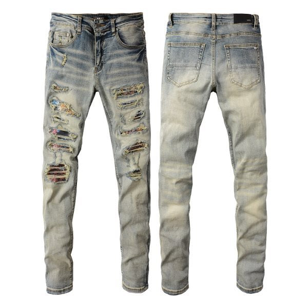 Meigao Street Vintage Crumpled Ripped Cat Beard Patch Printed Jeans Men GlamzKart
