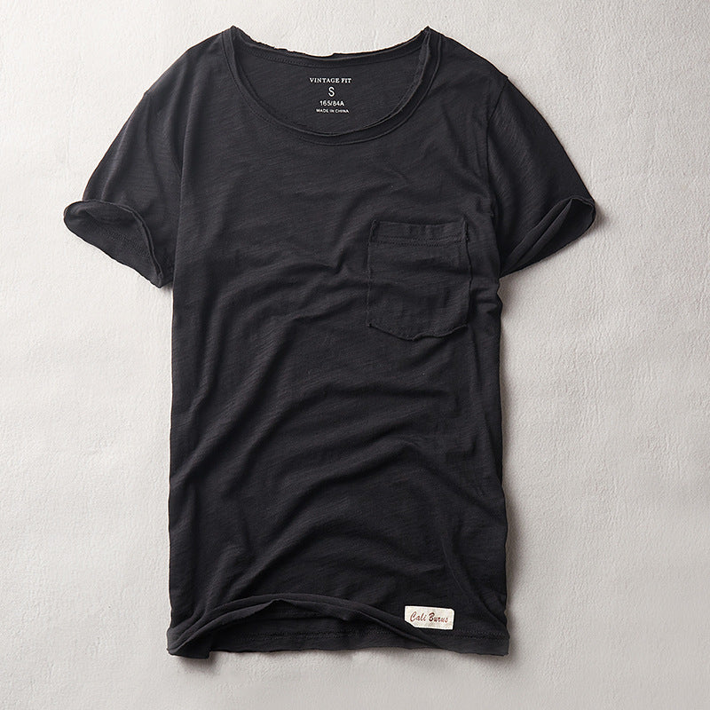 Simple Casual Men's Clothing Summer New Slub Cotton T-shirt Black GlamzKart
