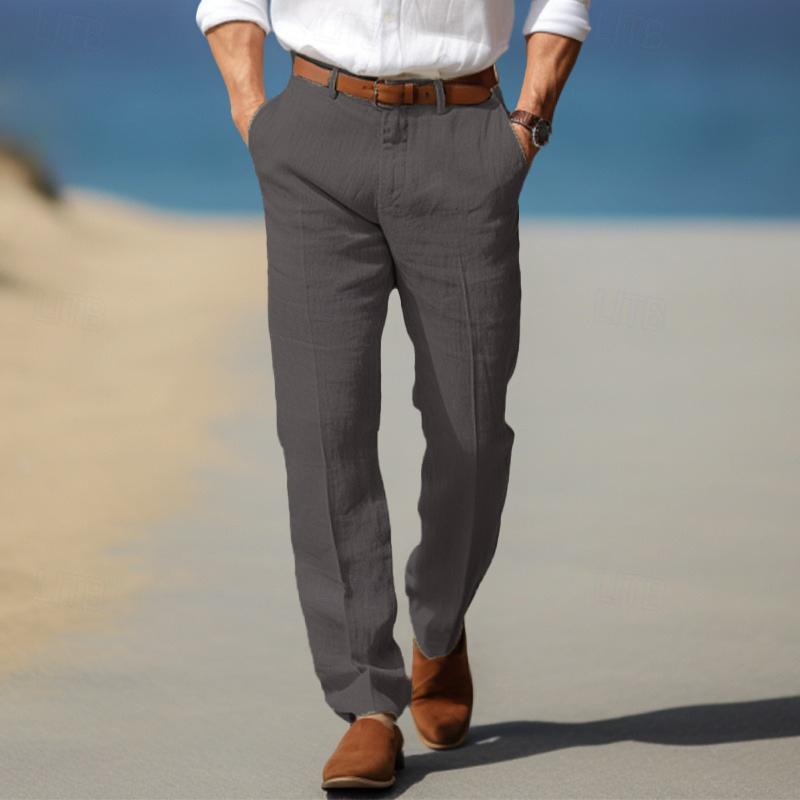 Men's Straight Thin Cotton And Linen Casual Solid Color Trousers Dark Gray GlamzKart