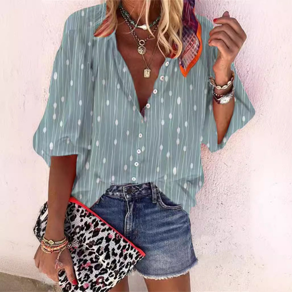Women's Retro Fashion Stand Collar Loose Button Printed Casual Shirt GlamzKart
