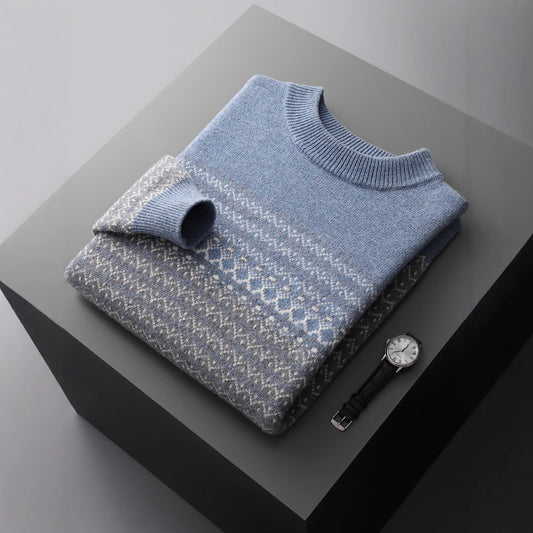 Men's Pure Wool Sweater Loose-fitting Casual Round-neck Color Matching GlamzKart