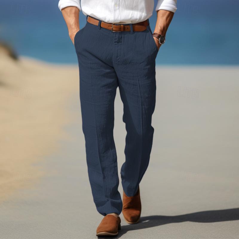 Men's Straight Thin Cotton And Linen Casual Solid Color Trousers Sapphire Blue GlamzKart