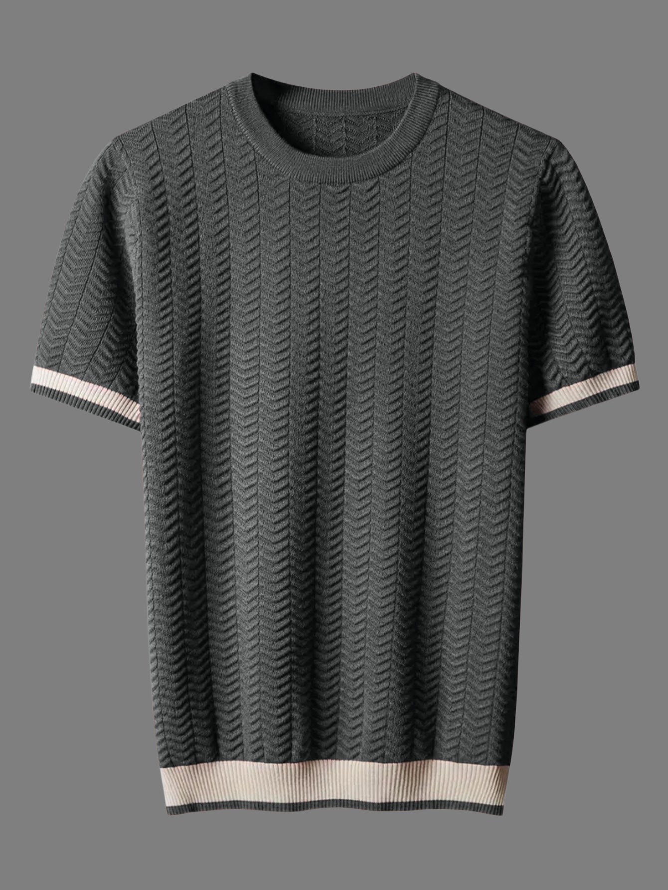 Men's Round Neck Contrast Color Jacquard Texture Slim-fit Short Sleeve Gray GlamzKart