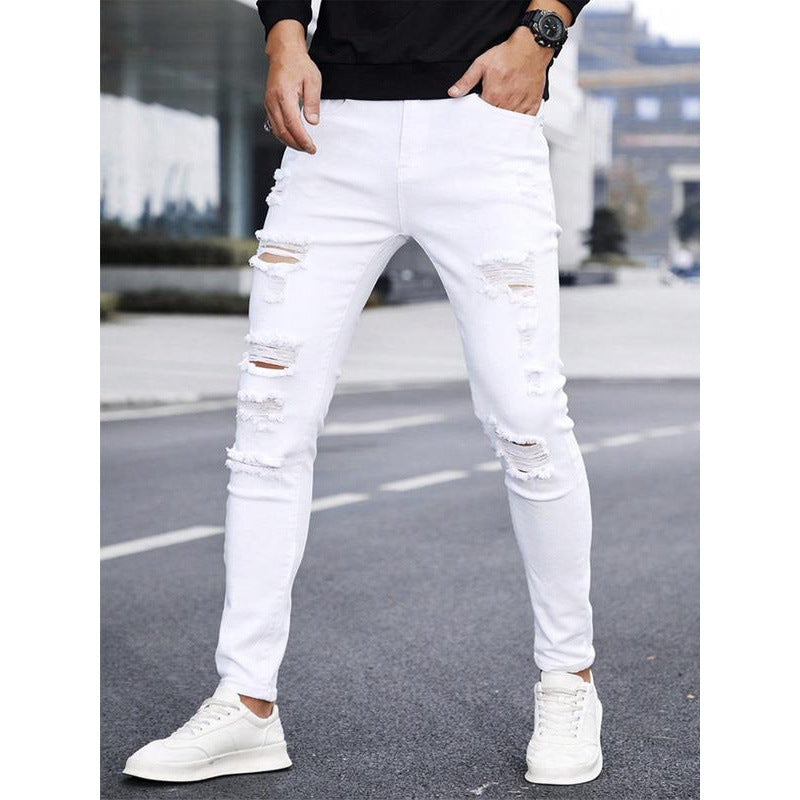 Men's Solid Color Cuffed Straight Jeans Casual And Comfortable Slim Fit GlamzKart