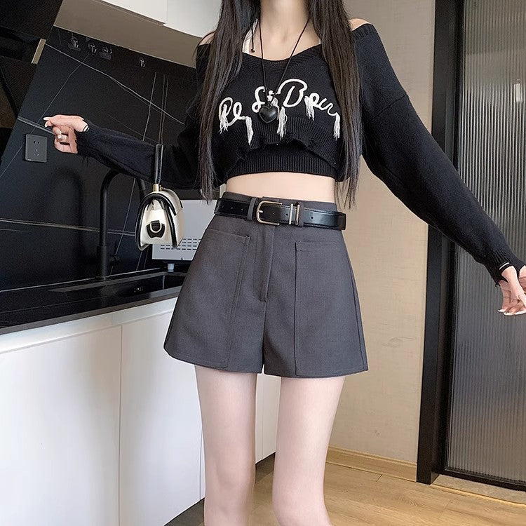 Suit Short Culottes Summer New Gray Summer Women's High Waist GlamzKart