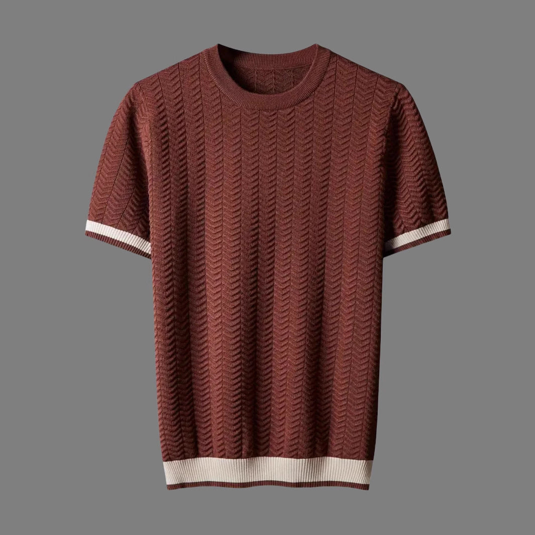 Men's Round Neck Contrast Color Jacquard Texture Slim-fit Short Sleeve Brown GlamzKart