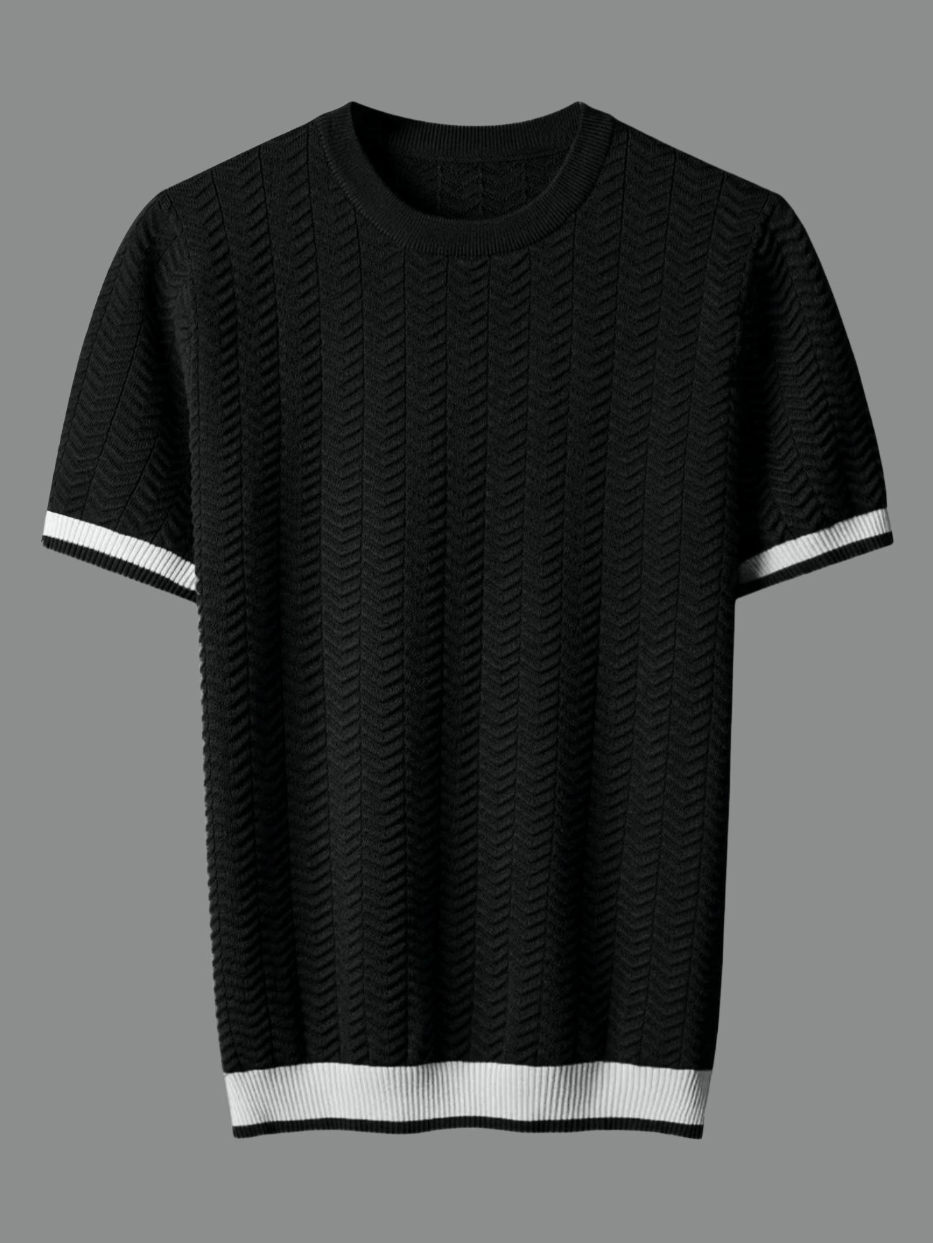 Men's Round Neck Contrast Color Jacquard Texture Slim-fit Short Sleeve Black GlamzKart