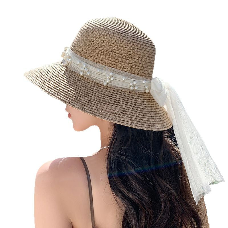 Lace Bow Pearl Big Brim Face-looking Sun-proof And Breathable Sun Fisherman Hat GlamzKart