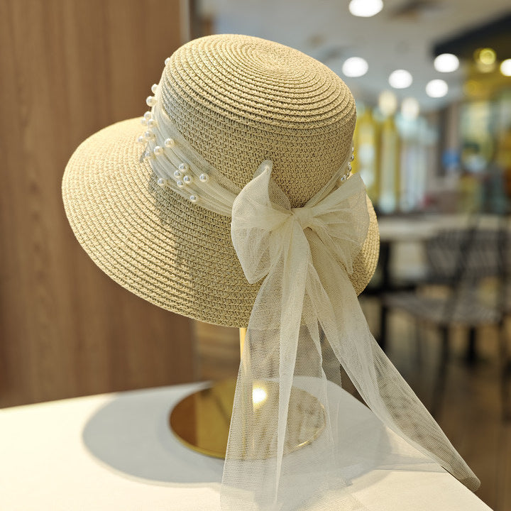 Lace Bow Pearl Big Brim Face-looking Sun-proof And Breathable Sun Fisherman Hat Beige GlamzKart