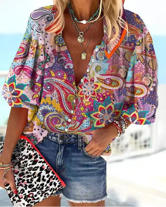 Women's Retro Fashion Stand Collar Loose Button Printed Casual Shirt Figure 7 GlamzKart