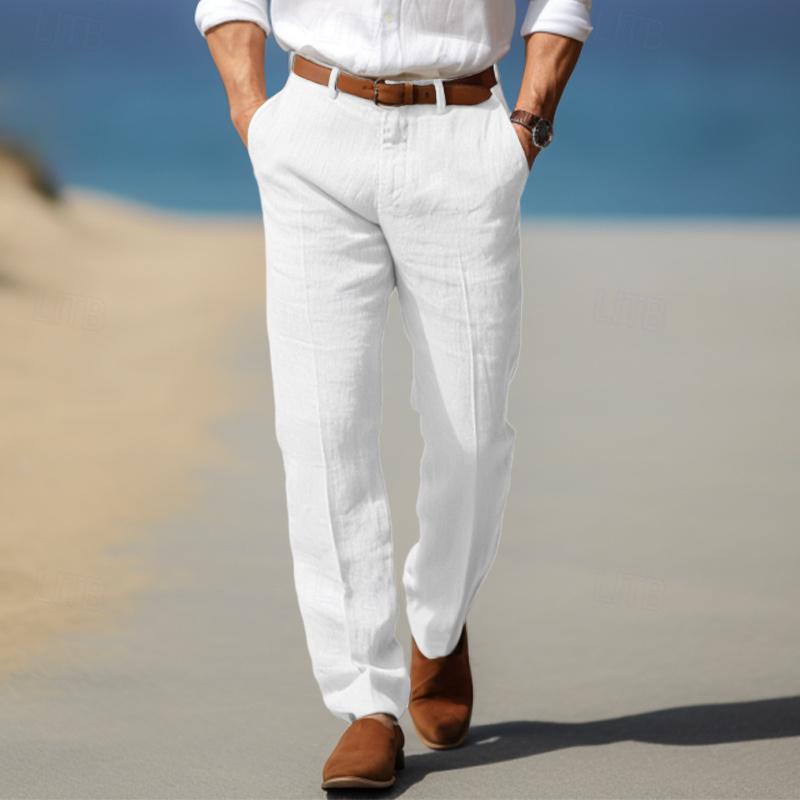 Men's Straight Thin Cotton And Linen Casual Solid Color Trousers White GlamzKart