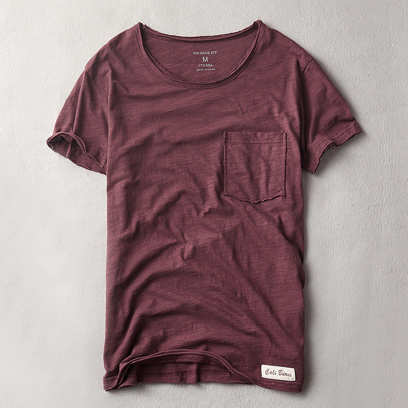Men's T-shirt Thin Cotton Solid Color Short Sleeve Dark Red GlamzKart