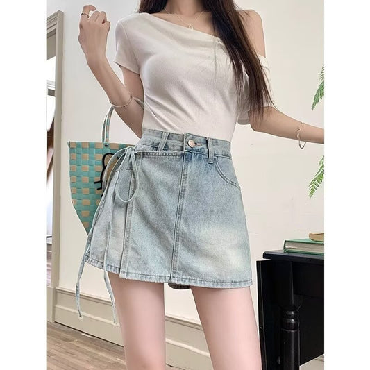 Fake Two Pieces Denim Shorts Summer A- Line High Waist Irregular GlamzKart