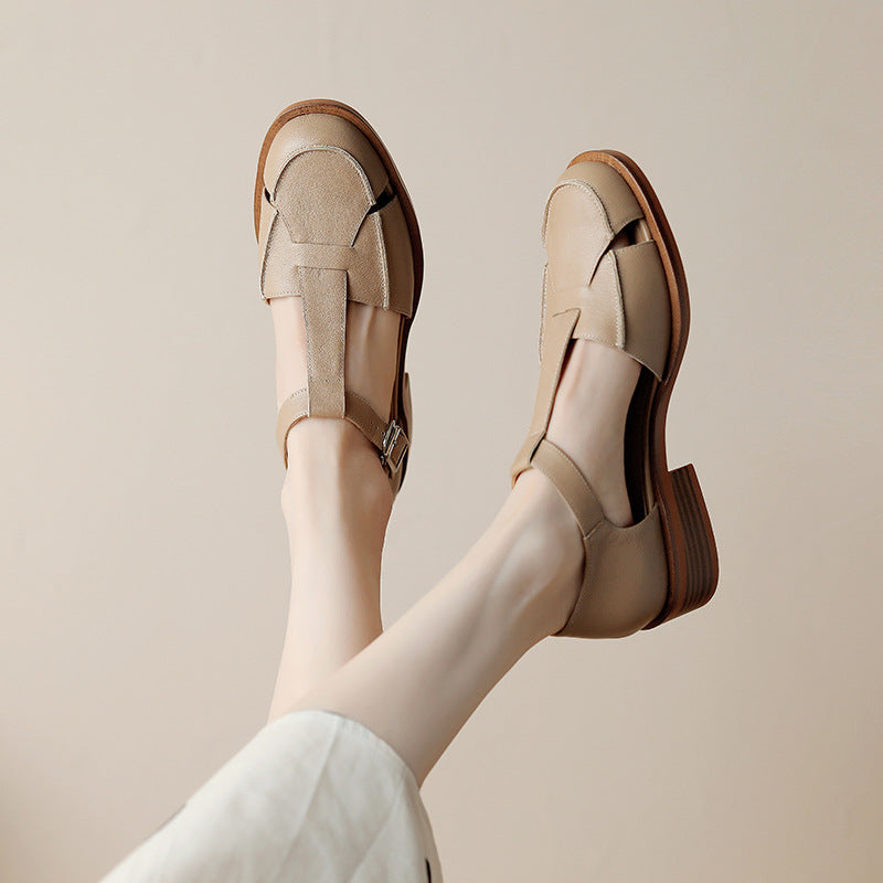 Retro Flat Bottom Women's Sandals Hollowed Toe Box Khaki GlamzKart