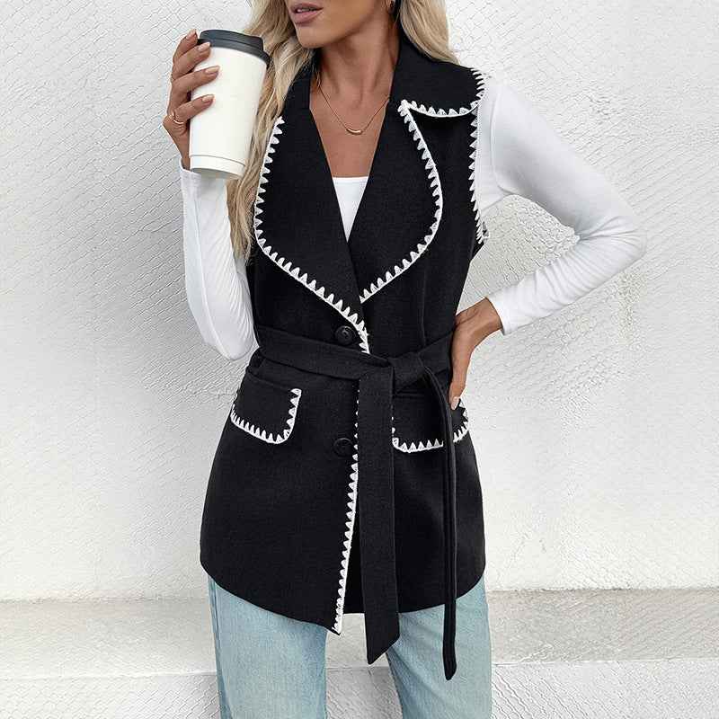 Casual Simple Lace Cardigan Lapel Contrast Color Trim Vest Coat Women