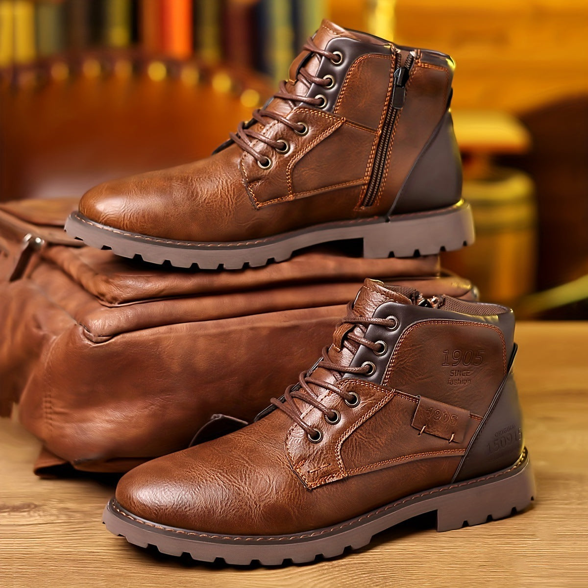 Men's Color Matching Casual Side Zipper Middle Tube Leather Boots GlamzKart
