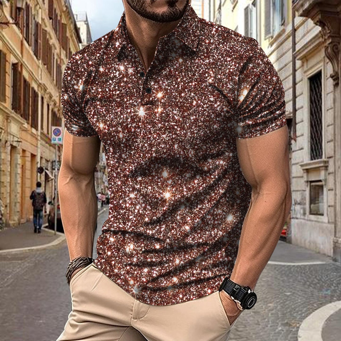 Polo Shirt Digital Printing Button Street Casual T-shirt Purple GlamzKart