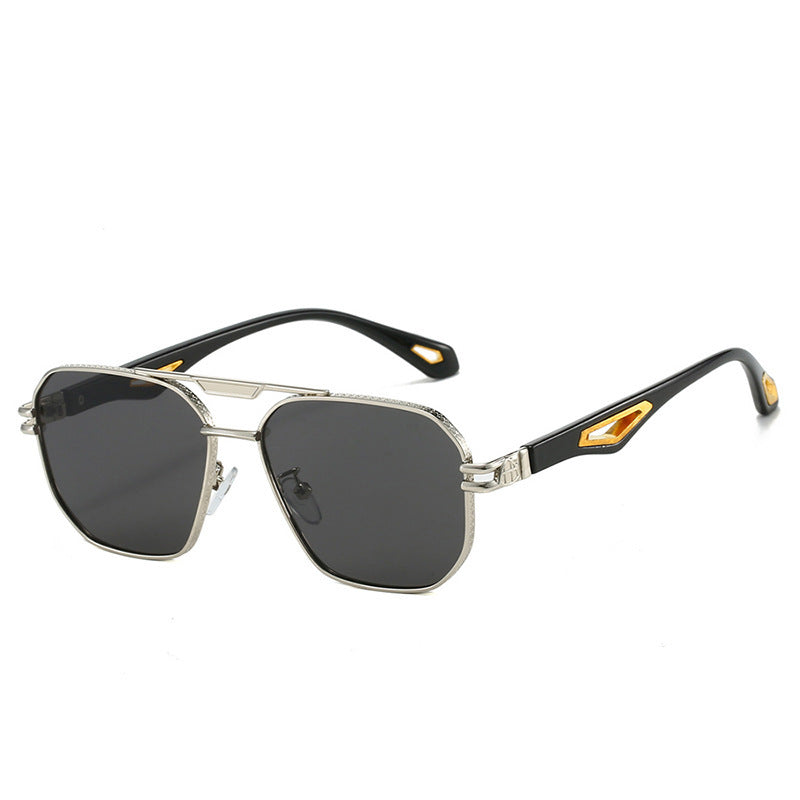 Men's Fashion Double Beam Box Hollow Sunglasses Silver Frame Black And Gray GlamzKart