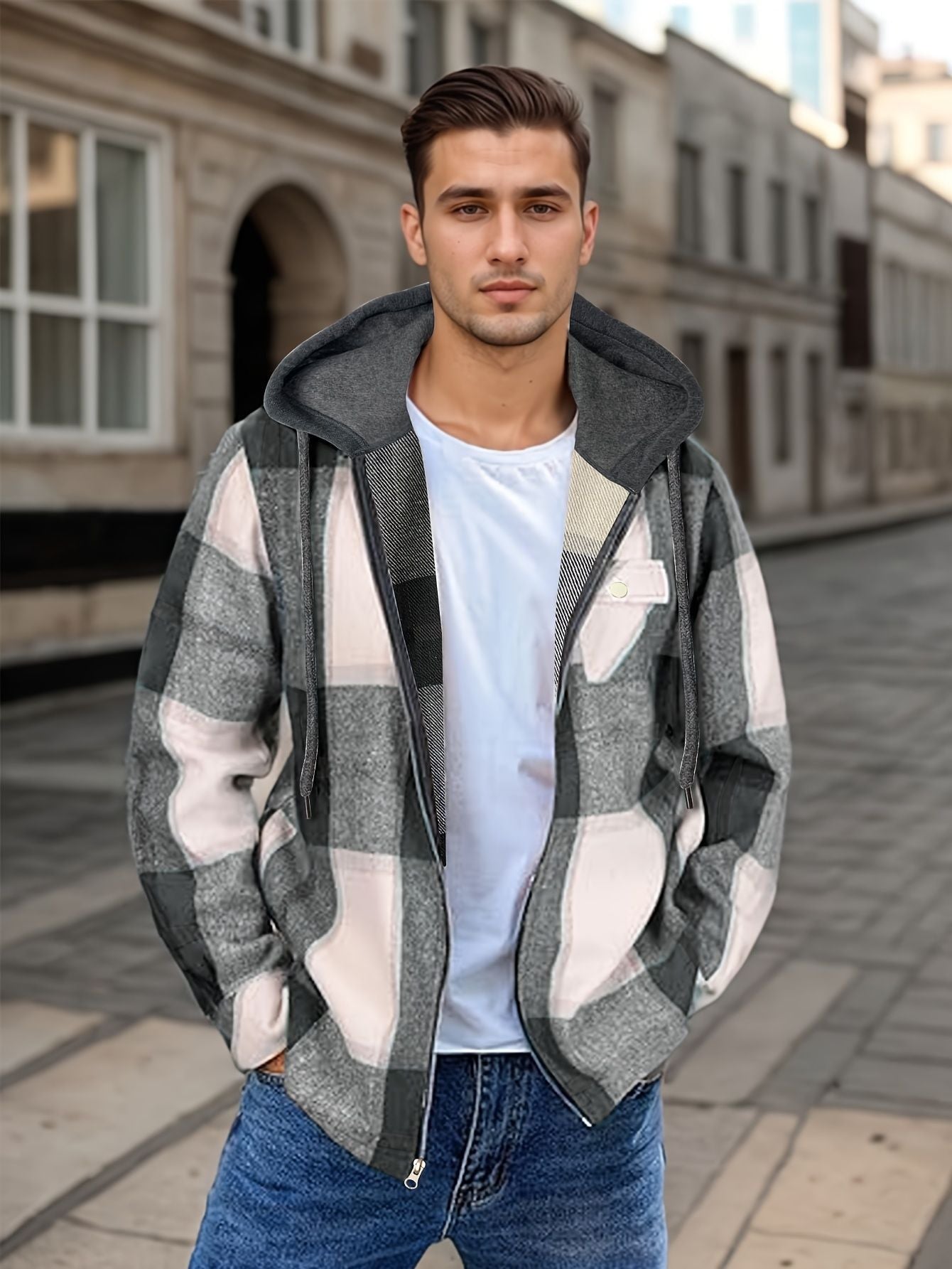 Men's Flannel Jacket Zipper Hooded Jacket Black GlamzKart