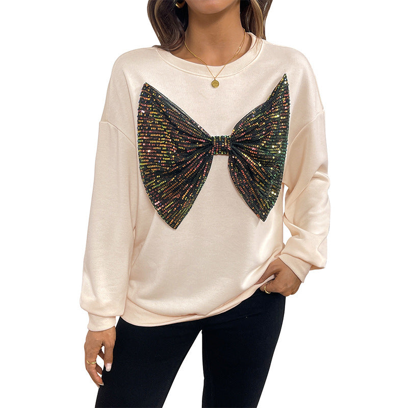 Sequined Bow Crew Neck Pullover Sweatshirt Women GlamzKart
