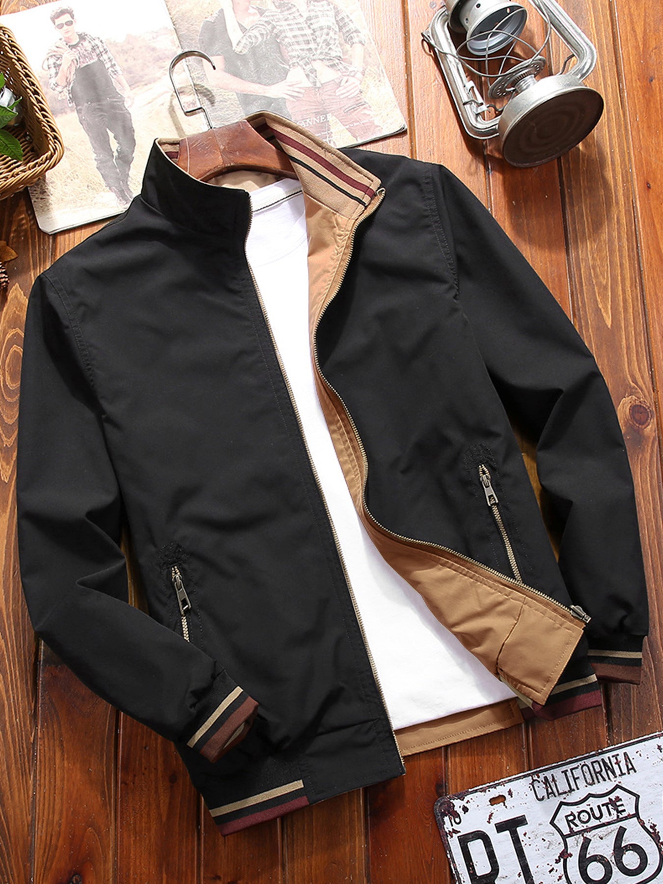 Men's Sports Jacket Double-sided Wear Stand Collar Casual Black GlamzKart