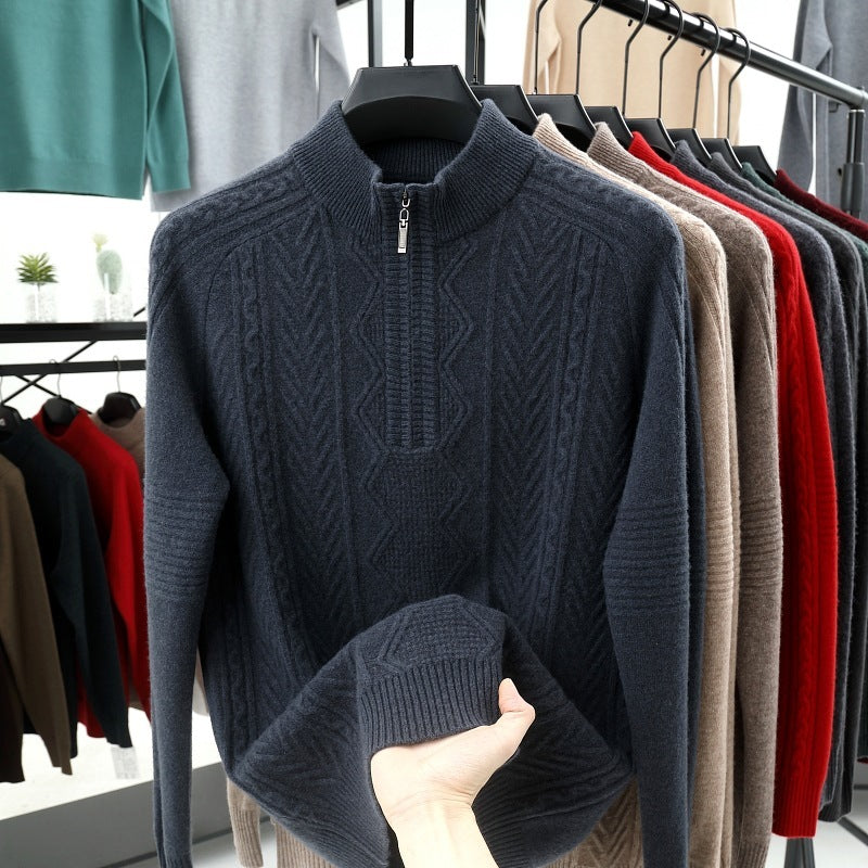 All Wool Men's Sweater Half Turtleneck Zipper Sweater Blue Gray GlamzKart